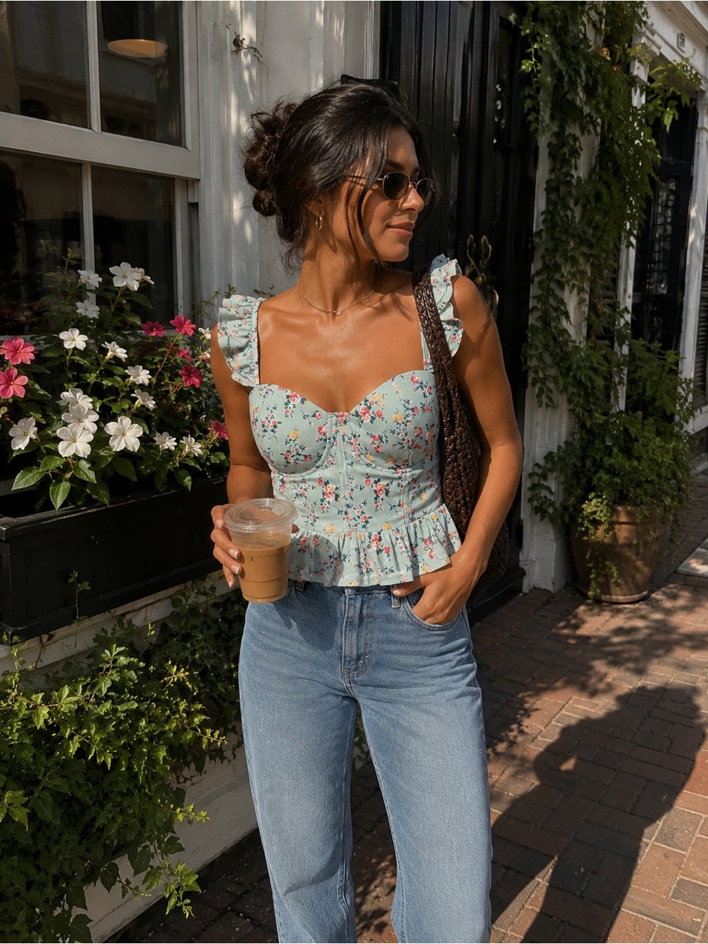 Lulus Floral Ruffle Strap Sweetheart Peplum Top